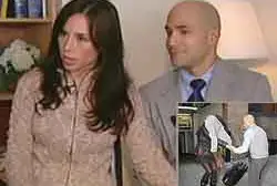 Ambers and husband during a TV interview; inset shows them leaving their building.